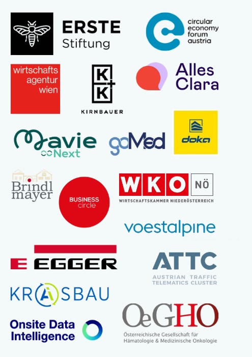 Logos unserer Auftraggeber:innen, Teil 1: ERSTE Stiftung, Circular Economy Forum Austria, Wirtschaftsagentur Wien, Kirnbauer, Alles Clara, Mavie Next, goMed, Doka, Brindlmayer, Business Circle, WKO Niederösterreich, voestalpine, EGGER, ATTC, KRAISBAU, Onsite Data Intelligence und OeGHO