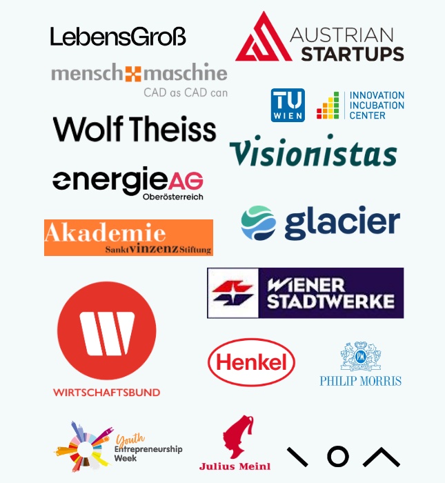 Teil 2: LebensGroß, mensch und maschine, Austrian Startups, TU Wien Innovation Incubation Center, Wolf Theiss, Visionistas, Energie AG Oberösterreich, glacier, Akademie Sankt Vinzenz Stiftung, Wiener Stadtwerke, Wirtschaftsbund, Henkel, Philip Morris, Youth Entrepreneurship Week, Julius Meinl und NOA