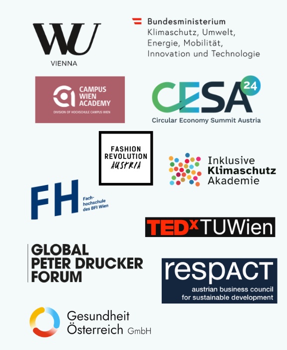 Teil 3: WU Wien, Bundesministerium für Klimaschutz, Umwelt, Energie, Mobilität, Innovation und Technologie, Campus Wien Academy, Circular Economy Summit Austria, Fashion Revolution Austria, Inklusive Klimaschutz Akademie, FH des BFI Wien, TEDxTUWien, Global Peter Drucker Forum, respACT und Gesundheit Österreich GmbH